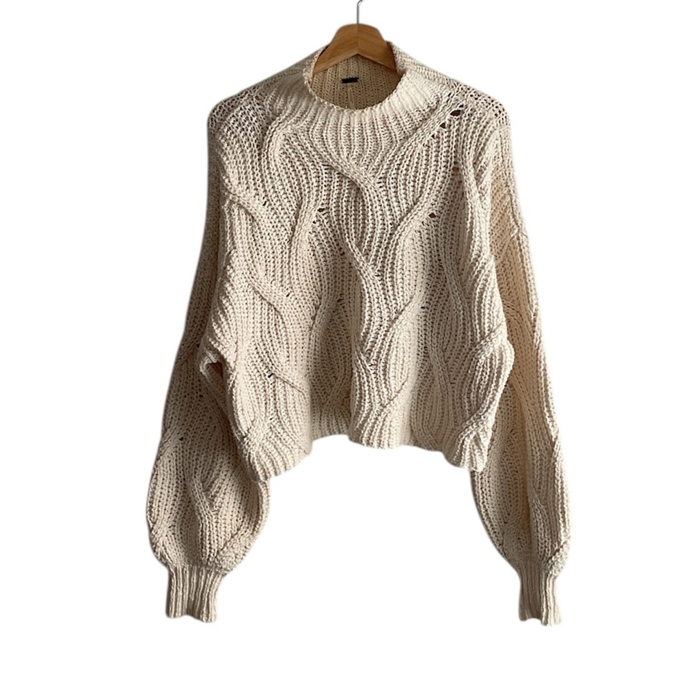Free People Seasons Change Cable Turtleneck Balloon Sleeve Sweater, S - Picture 7 of 14